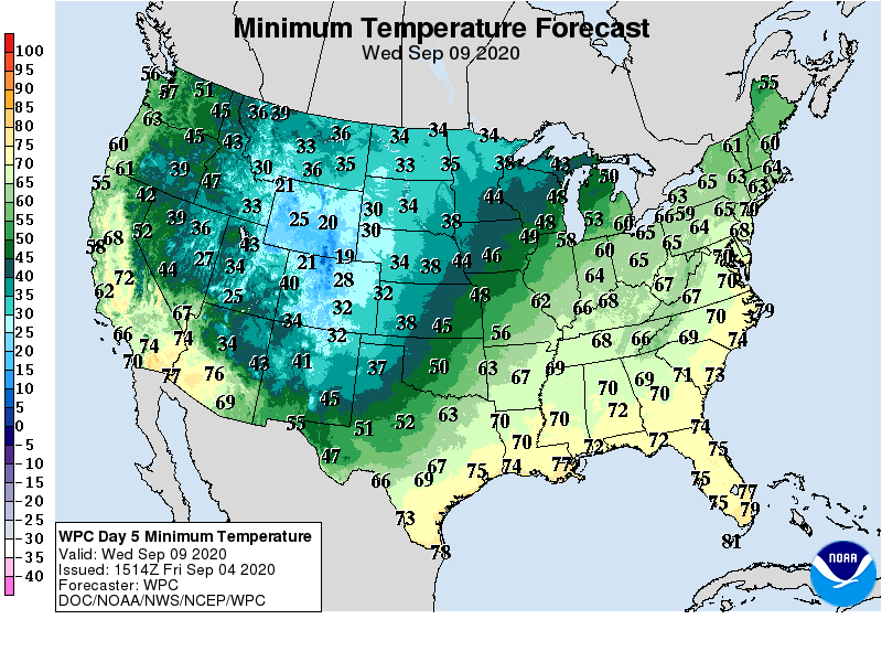 Forecast minimum temps Wednesday