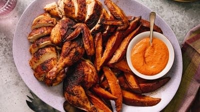 Spanish Chicken and Sweet Potato Roast with Romesco Sauce