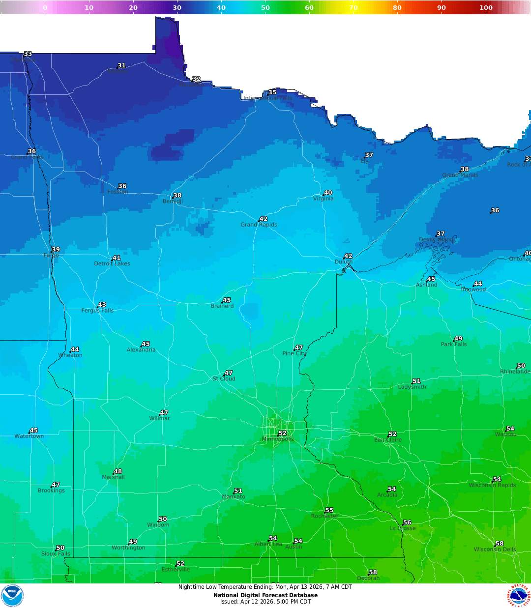 Lows for Sunday night