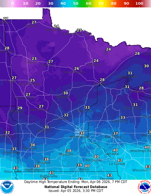 Forecast high temperatures Monday