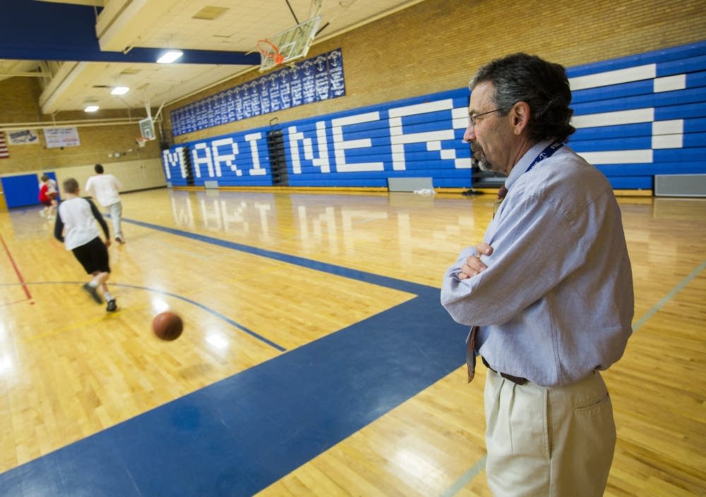 Principal Joe Nicklay watches a phy-ed class.