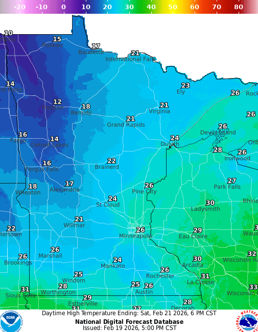 Forecast high temperatures Saturday