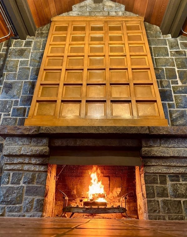 woodburning fireplace at the River Inn Center