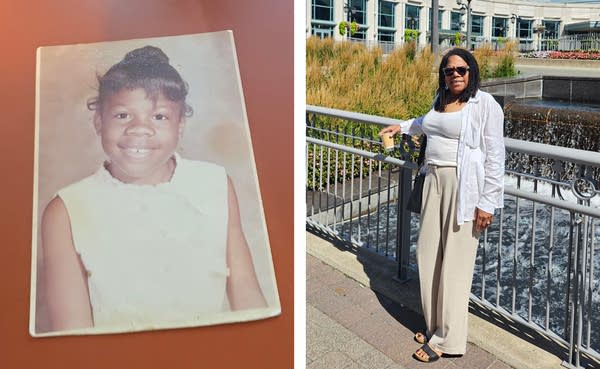 Two photos of the same person: one from third grade and one as an adult