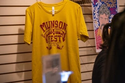 Merchandise on display at a concert venue