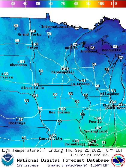 Forecast high temperatures Thursday