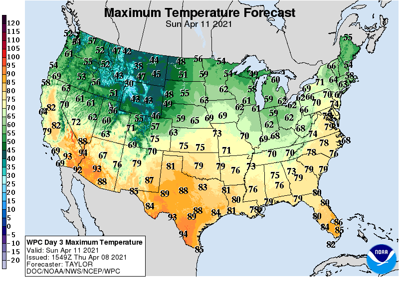 Forecast high temperatures Sunday
