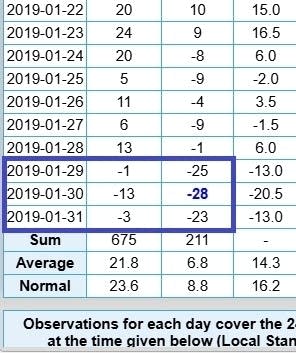 Temperatures in the Twin Cities in late January