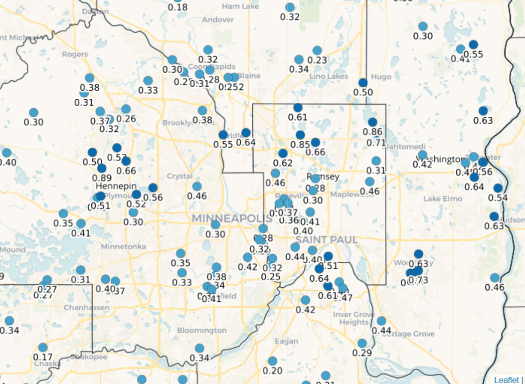 24-hour precipitation totals ending Sunday morning