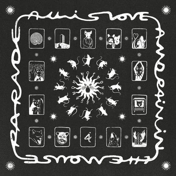 A patterned design depicting mice dancing around a feline sun