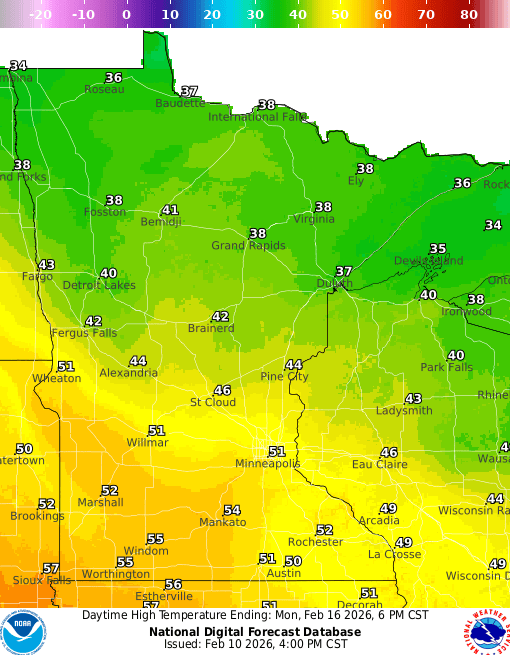 Forecast high temperatures Monday