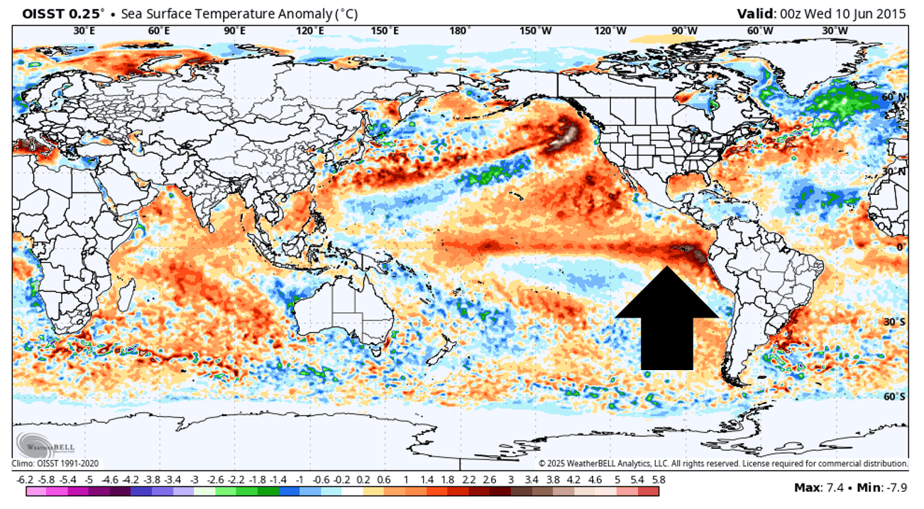Sea surface temperature anomaly from June 2015