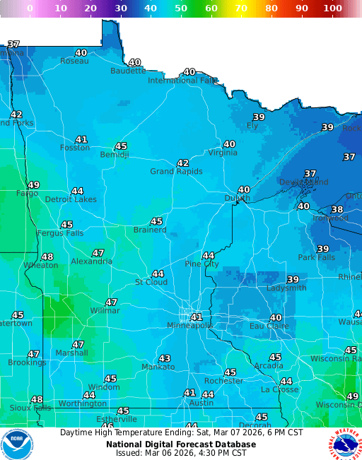 Forecast high temperatures Saturday
