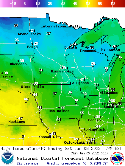 Forecast high temperatures Saturday