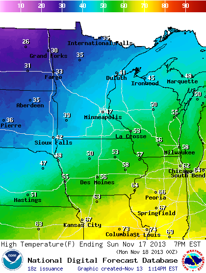 Sunday's maximum temperatures
