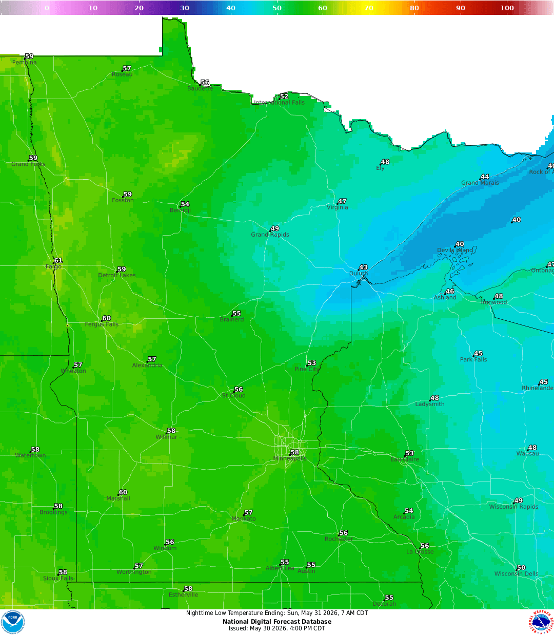 Lows for Saturday night
