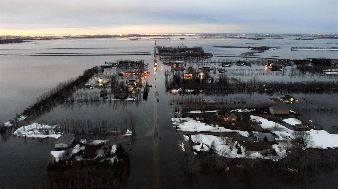 Drone view of Kindred, N.D., flooding