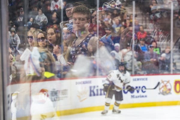 The Hermantown student section is reflected in the glass