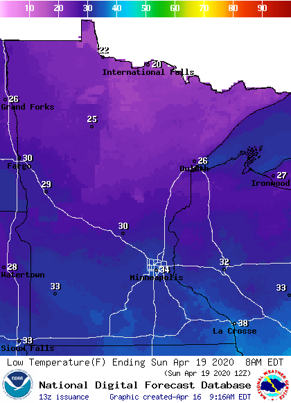 Forecast low temperatures Sunday