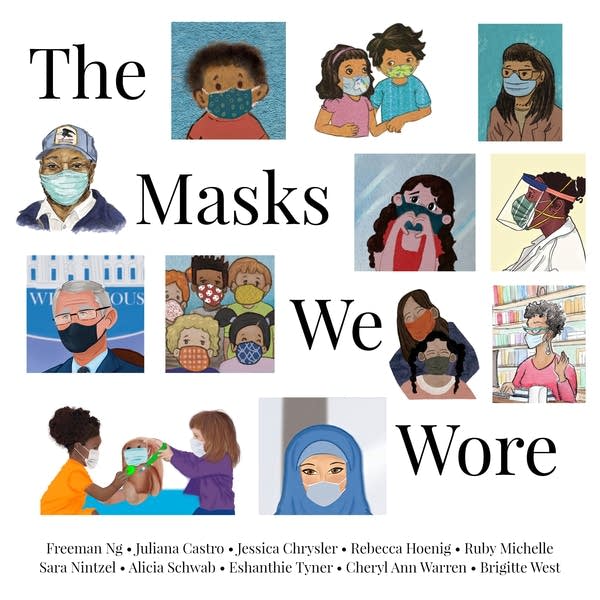 A book cover with people wearing masks