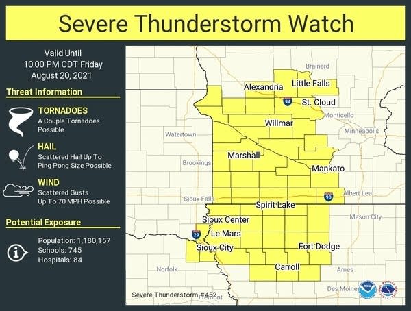 Severe thunderstorm watch until 10 p.m. includes southwest and central Minnesota.