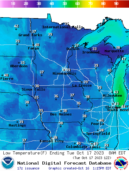 Forecast low temperatures Tuesday morning