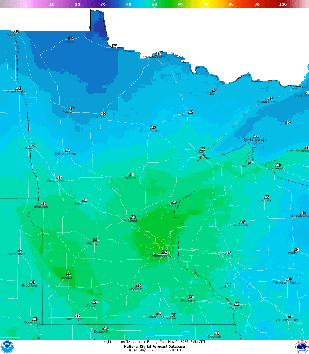 Lows for Sunday night