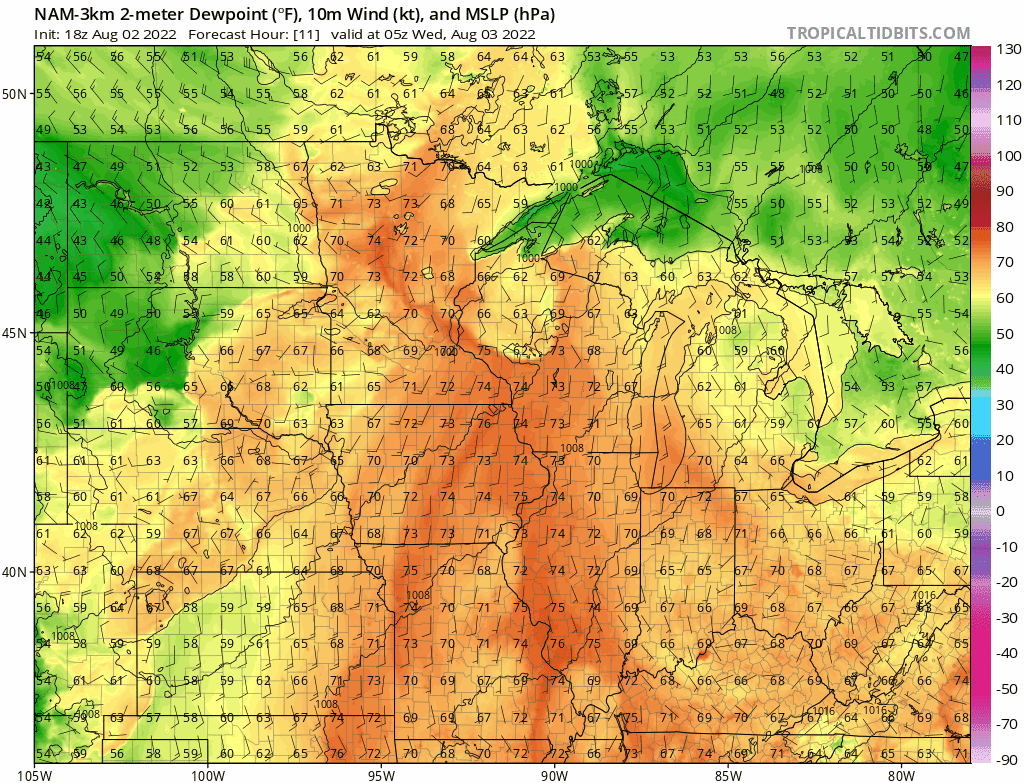 NOAA NAM 3 km dew points