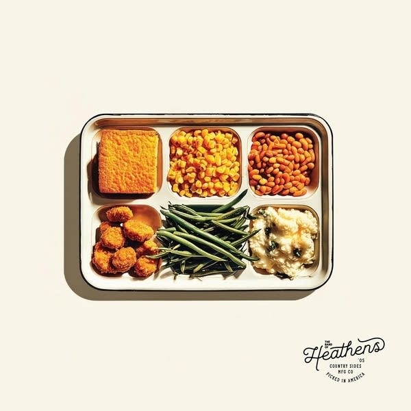 A lunch tray loaded with Southern foods: cornbread, hush puppies, green beans, corn, baked beans, and grits and greens