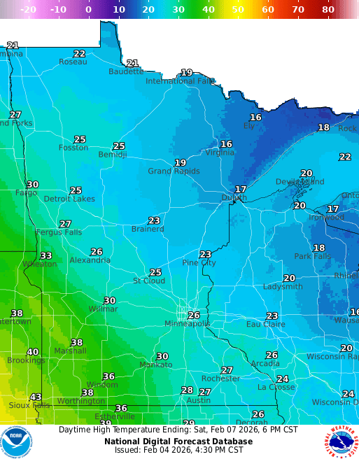 Forecast high temperatures Saturday