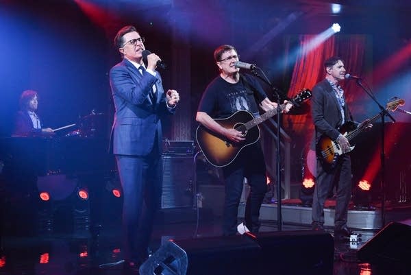 Host Stephen Colbert joins the Mountain Goats for a performance of 'This Year' on 'The Late Show with Stephen Colbert' on CBS on Tuesday, July 16, 2019.