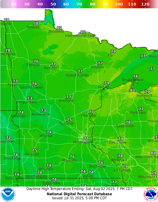 Forecast high temperatures Saturday