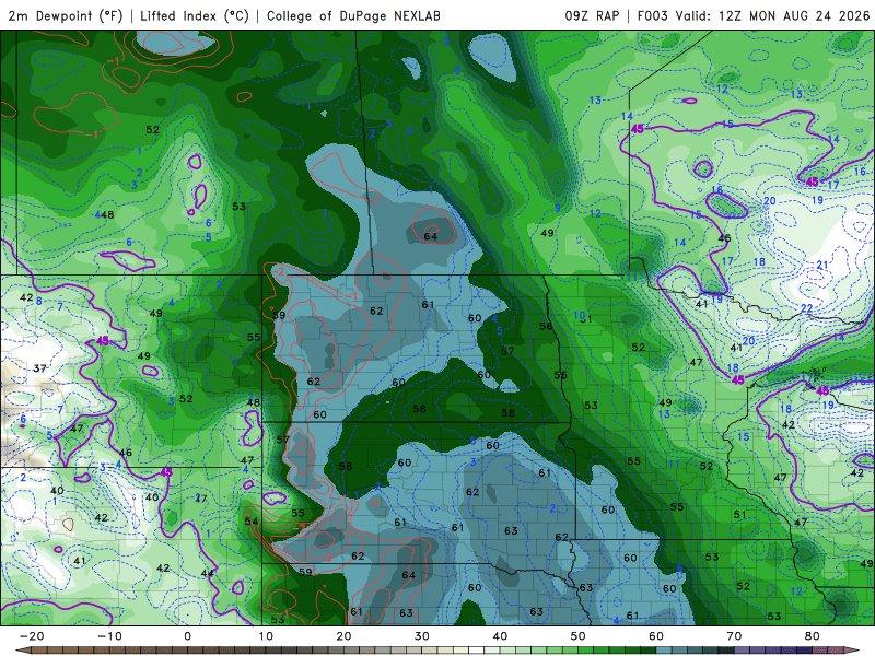 Dew points Monday 7 a.m. to Tuesday 7 a.m.