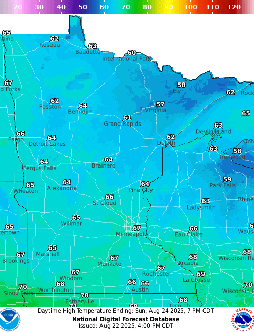 Forecast high temperatures Sunday