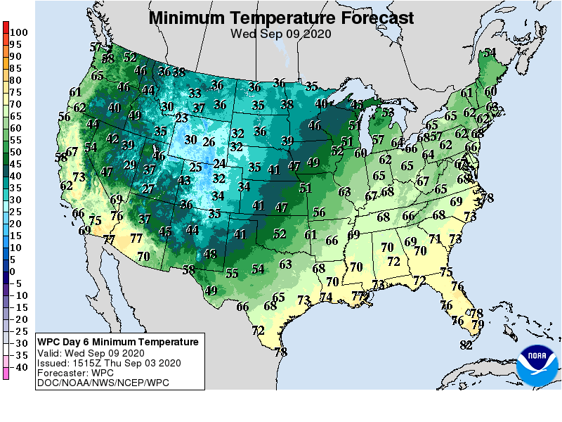 Forecast low temperatures Wednesday morning