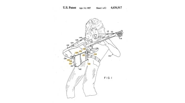 Patent application sketch of Eddie Van Halen with electric guitar device