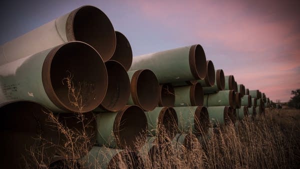 Miles of unused pipe, prepared for the Keystone XL pipeline, sit in a lot on Oct. 14, 2014 outside Gascoyne, N.D..