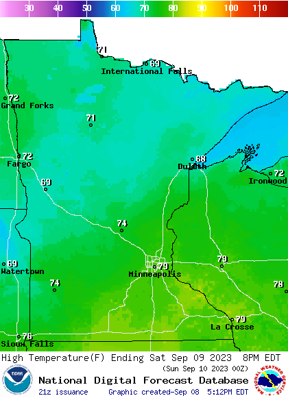 Forecast high temperatures Saturday