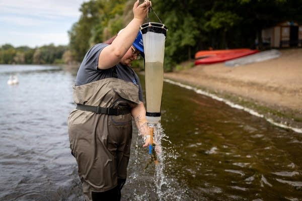 A woman collects samples using a filter