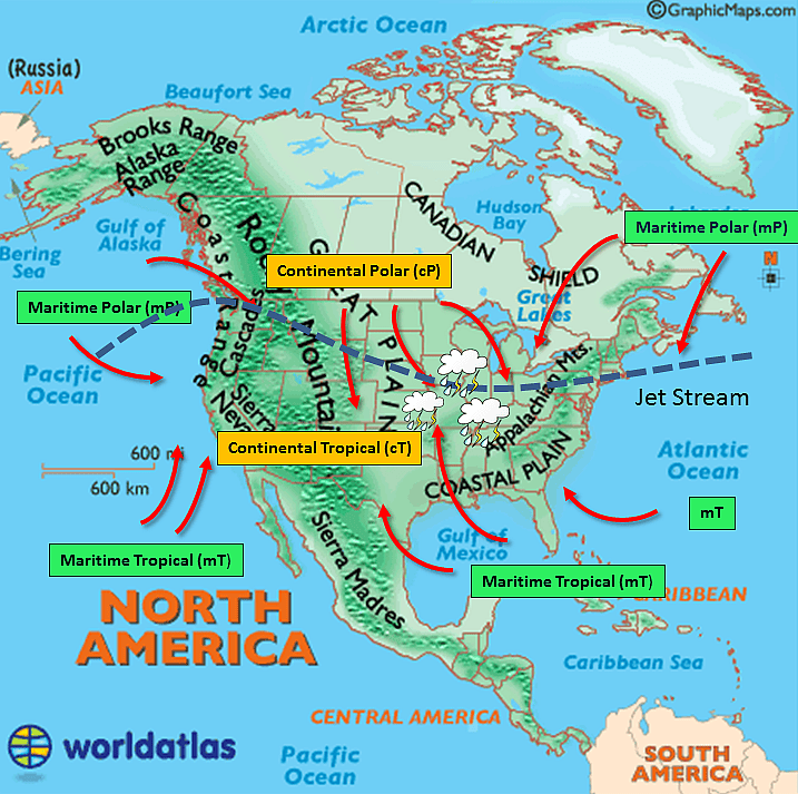Colliding air masses across North America