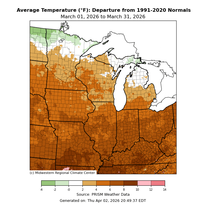 Temperature departure from normal 