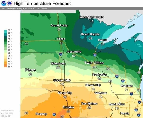Forecast high temperatures Monday