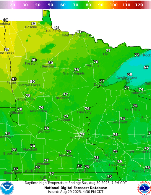 Forecast high temperatures Saturday
