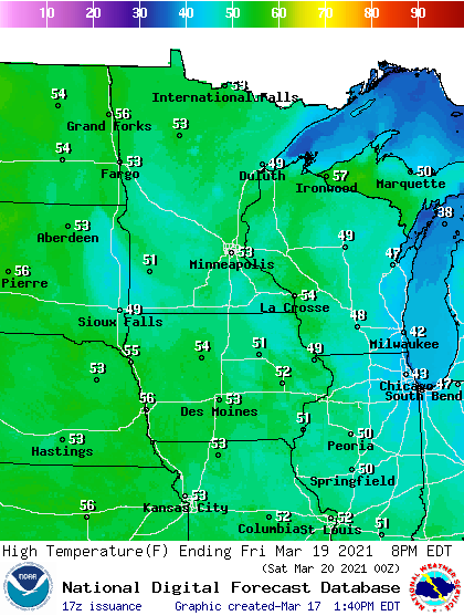 Forecast high temperatures Friday