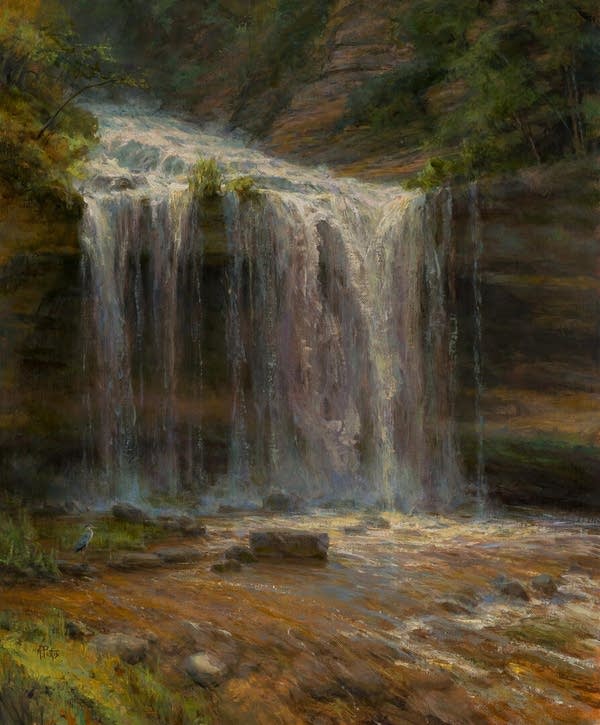 A painting of a waterfall tucked away in a forest.