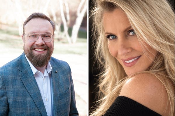 Side by side image of a man in a suit and woman in black shirt