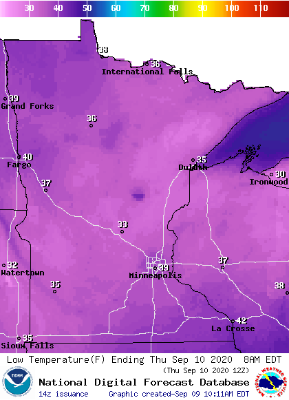 Forecast low temperatures Thursday morning