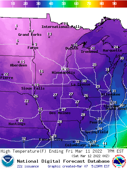 Forecast high temperatures Thursday