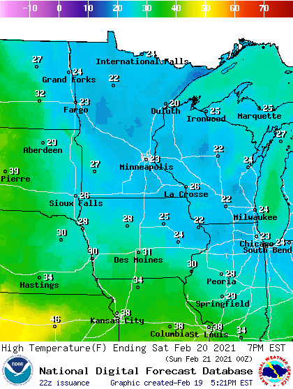 Forecast high temperatures Saturday