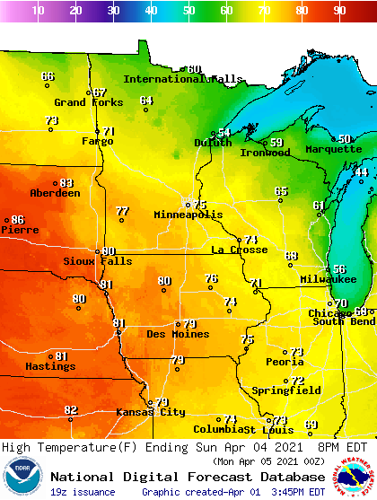 Forecast high temperatures Sunday